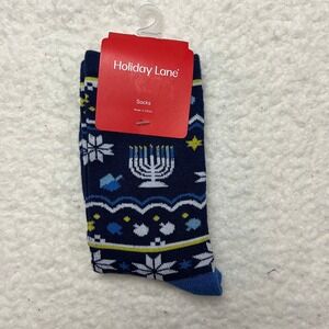 Holiday Lane Socks Men 9-11 Blue Hanukkah Menorah Dreidel Crew Socks HL-Z2400140